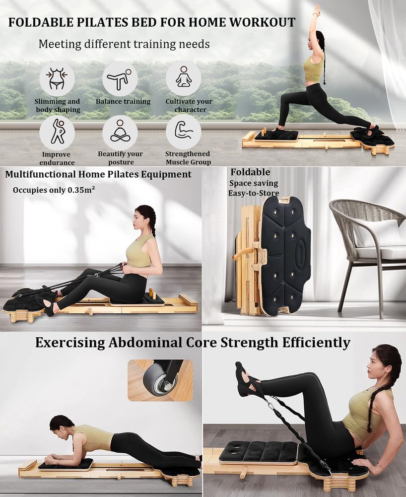 Foldable Pilates Core Training Bed with Resistance Bands for Home Fitness