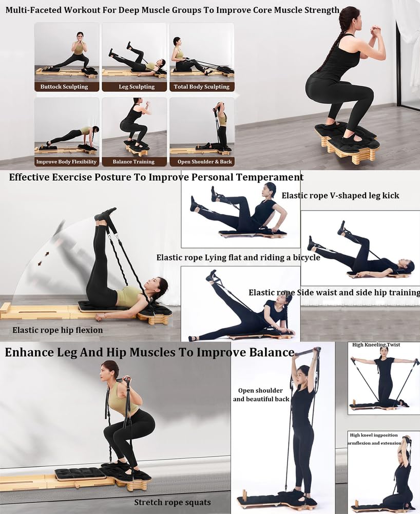 Foldable Pilates Core Training Bed with Resistance Bands for Home Fitness