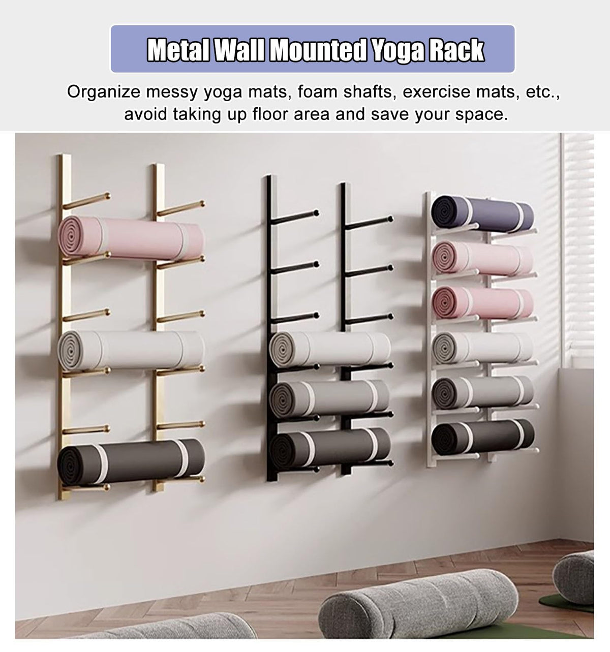 Wall-Mounted Yoga Mat Storage Rack for Home Gym Organization
